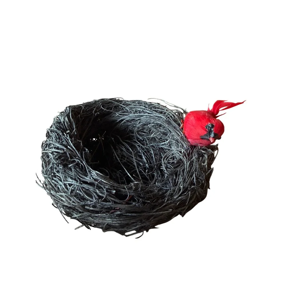 Decorative Black Woven Twig Bird Nest with Red Cardinal Figurine Rustic Decor